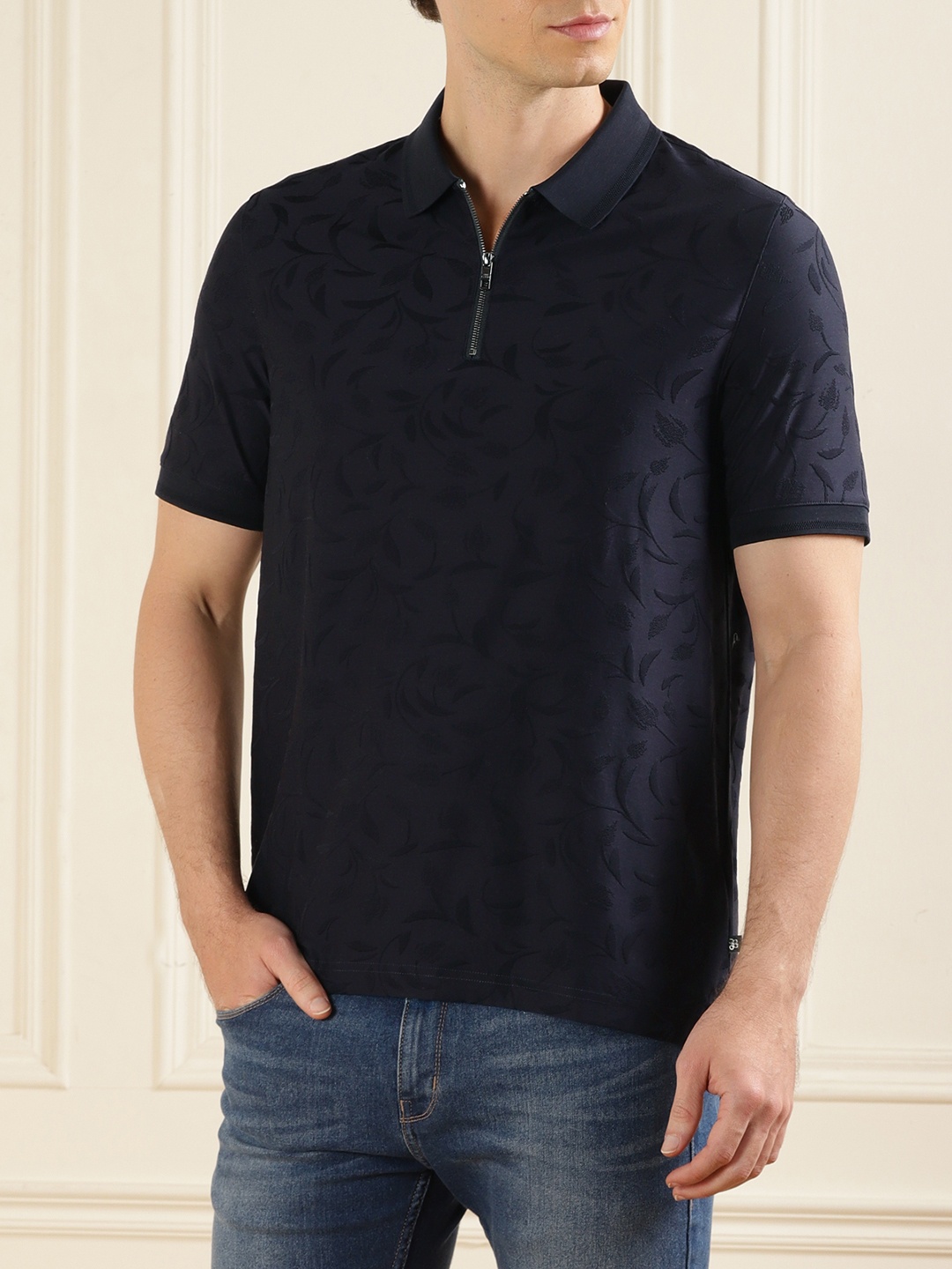

Ted Baker Floral Self Design Polo Neck Cotton T-shirt, Navy blue