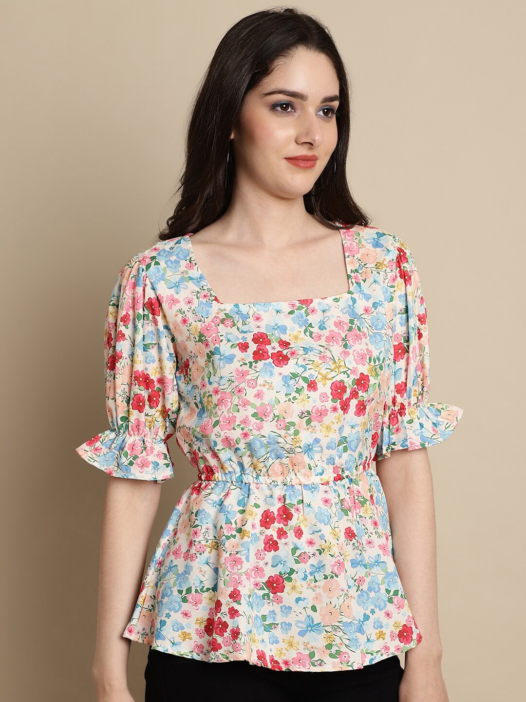 

JAINISH Floral Printed Square Neck Puff Sleeves Cotton Peplum Top, Cream