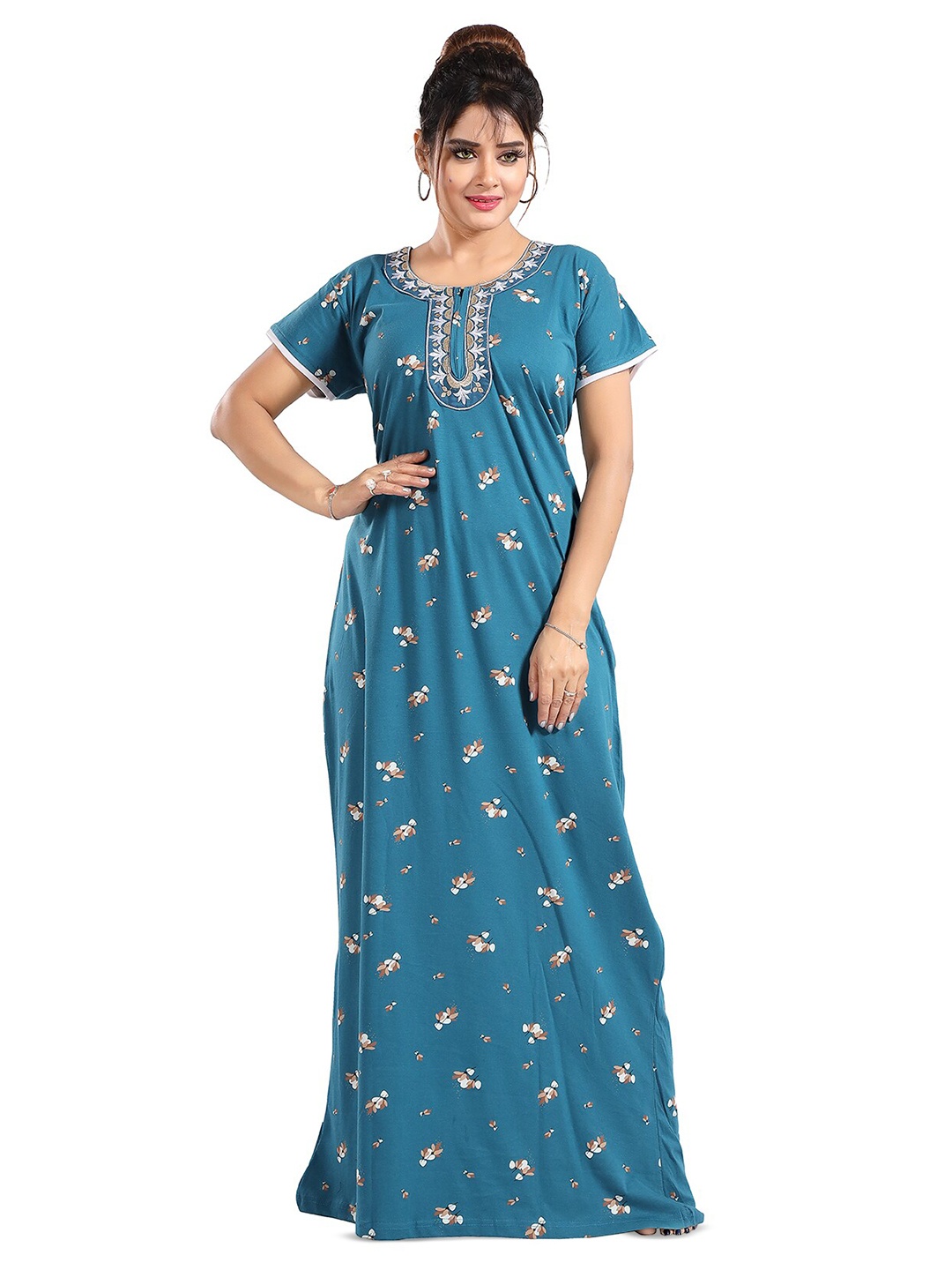

FOMTI Floral Printed Pure Cotton Maxi Nightdress, Turquoise blue