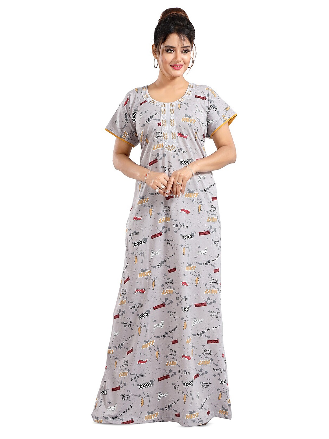 

FOMTI Typography Printed Pure Cotton Maxi Nightdress, Grey