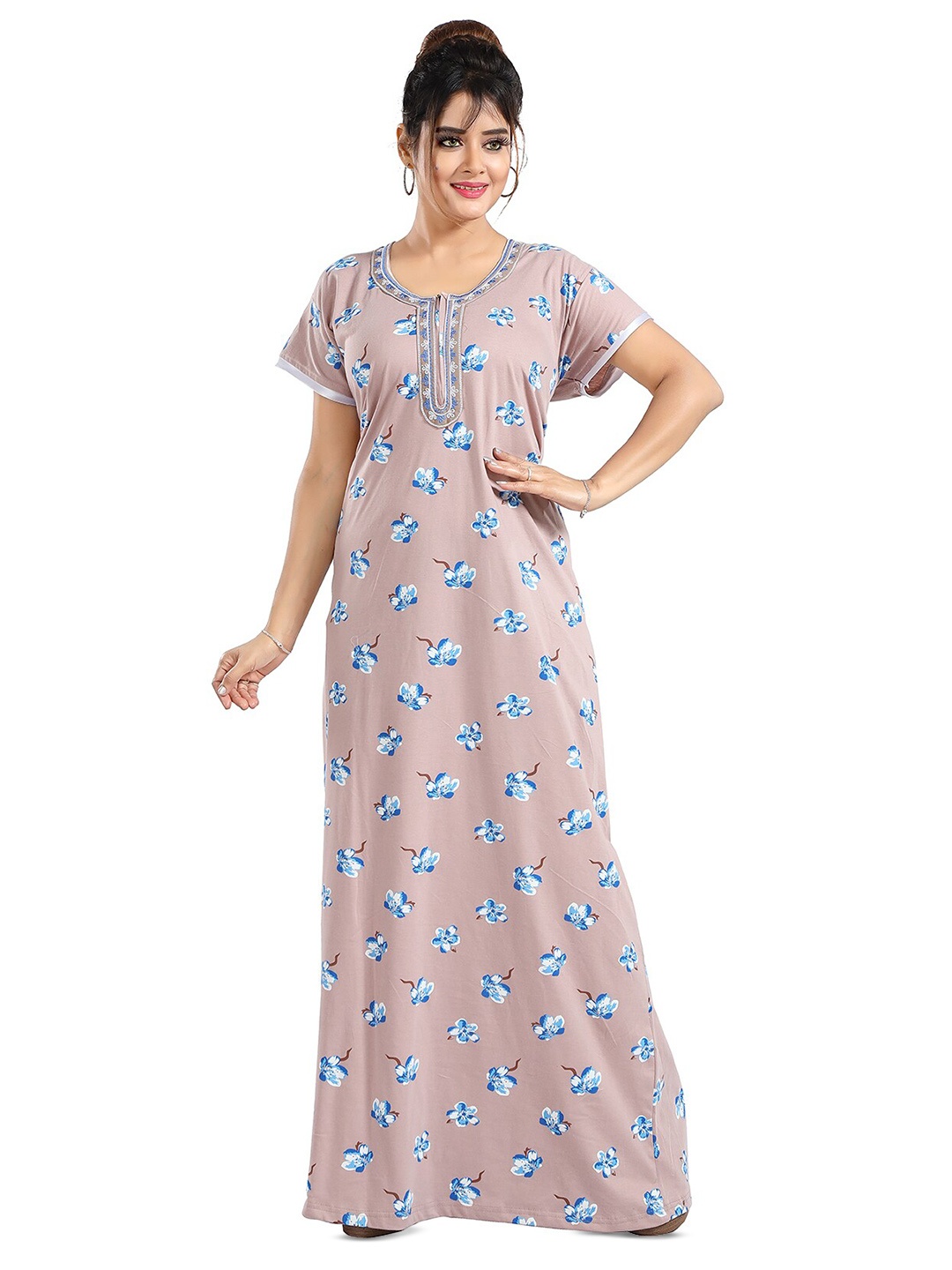 

FOMTI Floral Printed Pure Cotton Maxi Nightdress, Beige