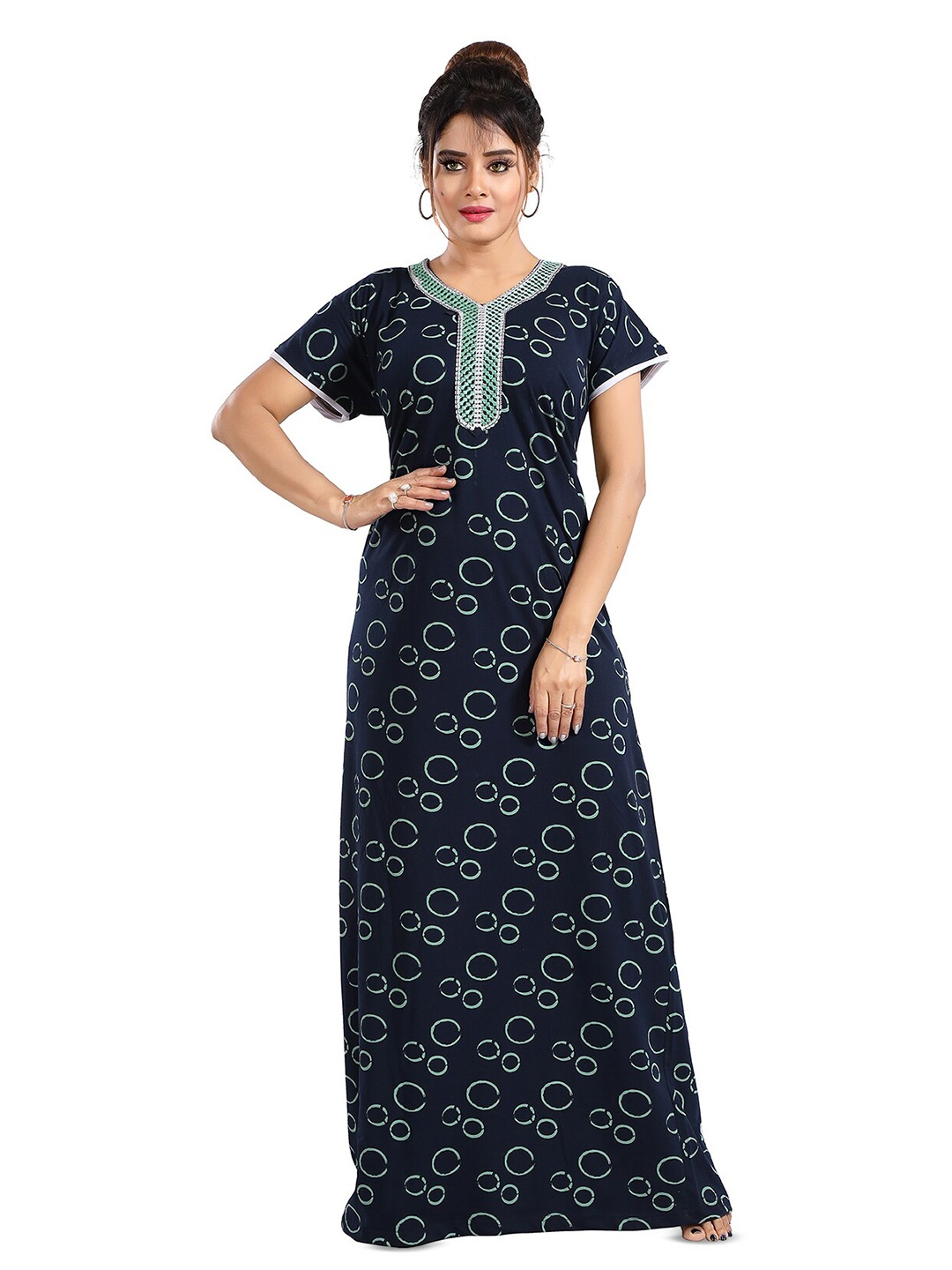 

FOMTI Geometric Printed Pure Cotton Maxi Nightdress, Navy blue