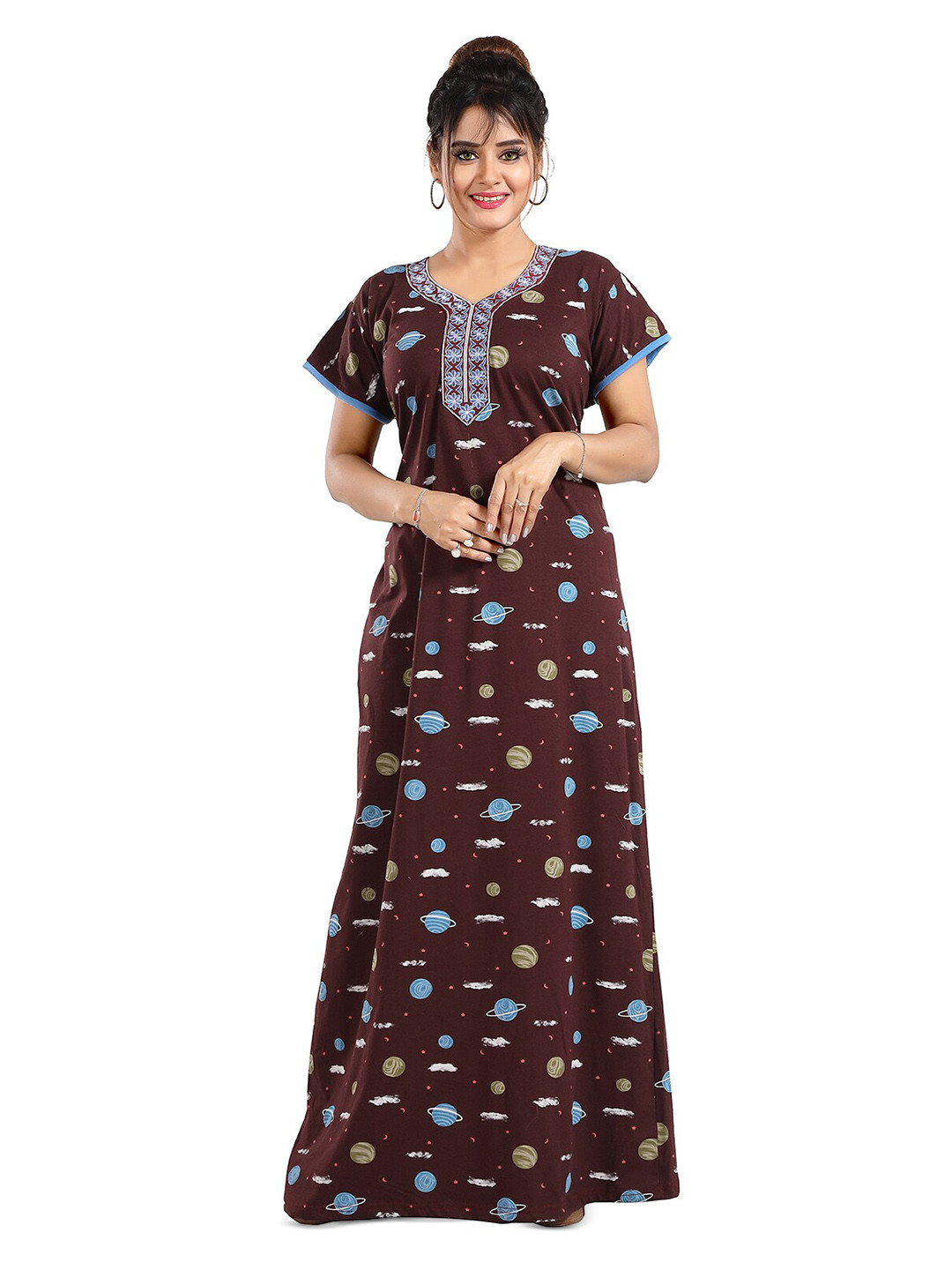 

FOMTI Graphic Floral Printed Pure Cotton Maxi Nightdress, Brown