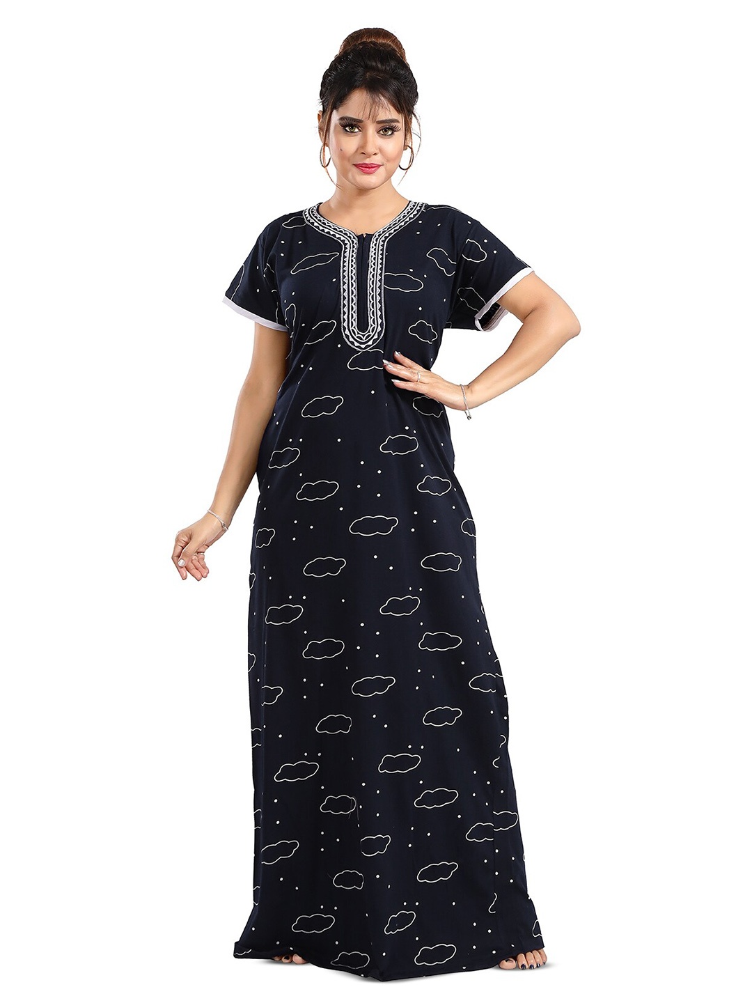 

FOMTI Abstract Printed Pure Cotton Maxi Nightdress, Navy blue