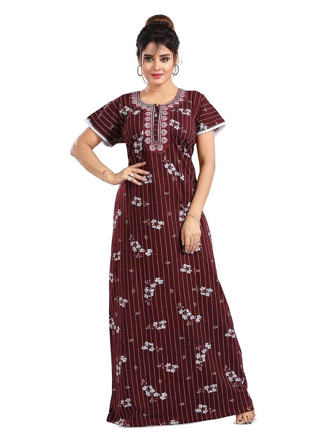 

FOMTI Floral Printed Pure Cotton Maxi Nightdress, Maroon