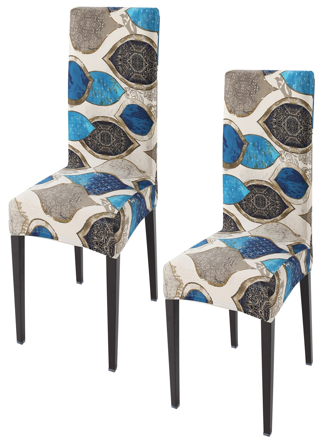 

HOKIPO Beige & Blue 2 Pieces Printed Stretchable Chair Covers