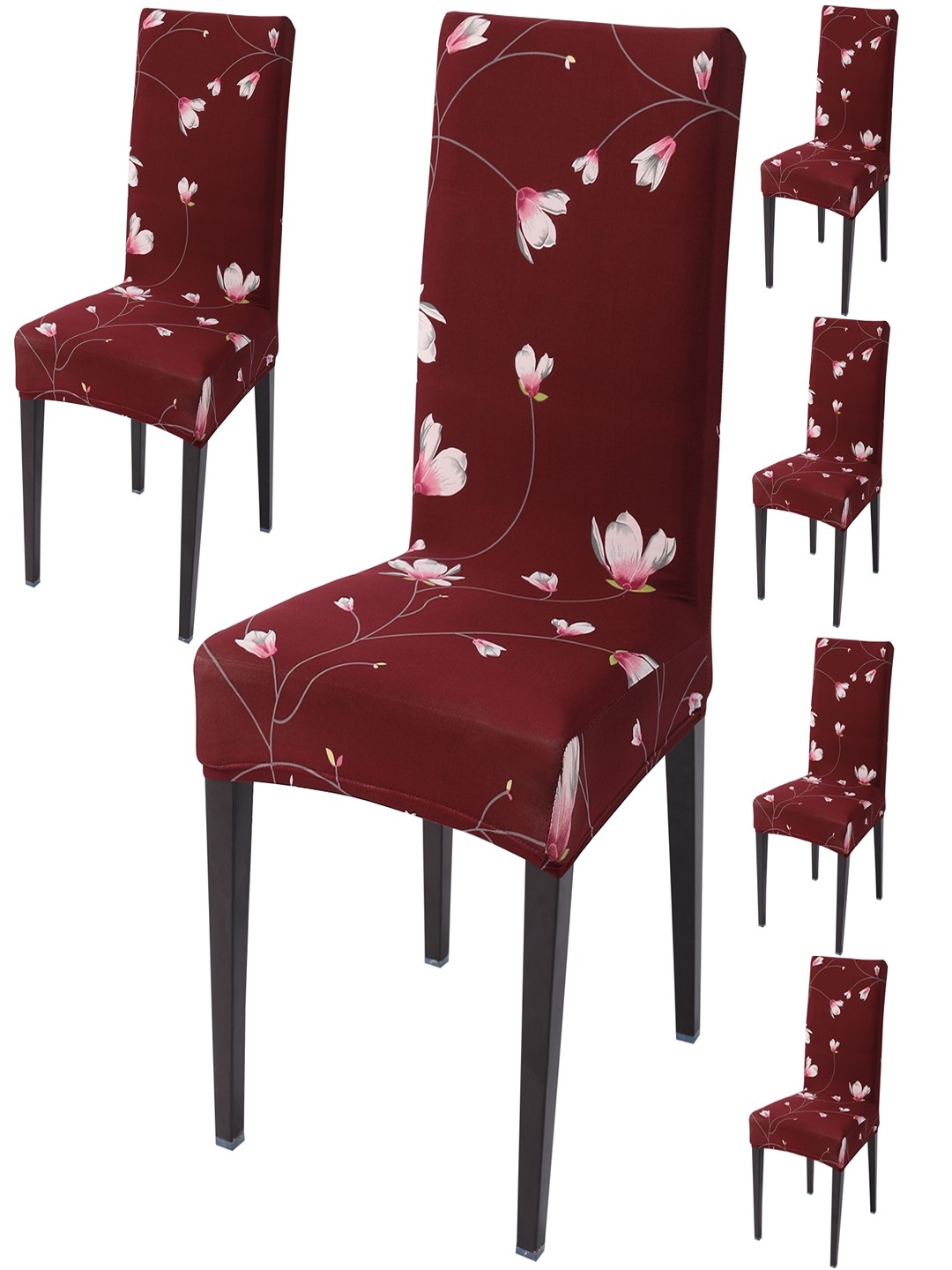 

HOKIPO 6 Pcs Red & White Floral-Printed Stretchable Chair Covers