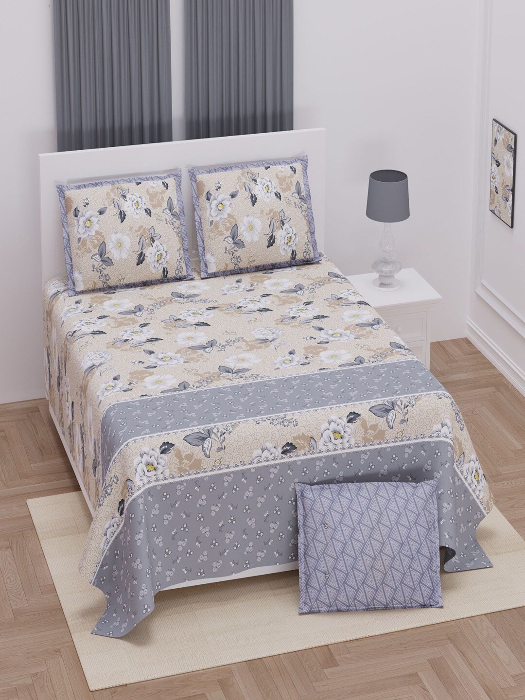 

UNIQCHOICE Blue & White Floral Cotton 250 TC King Bedsheet With 2 Pillow Covers