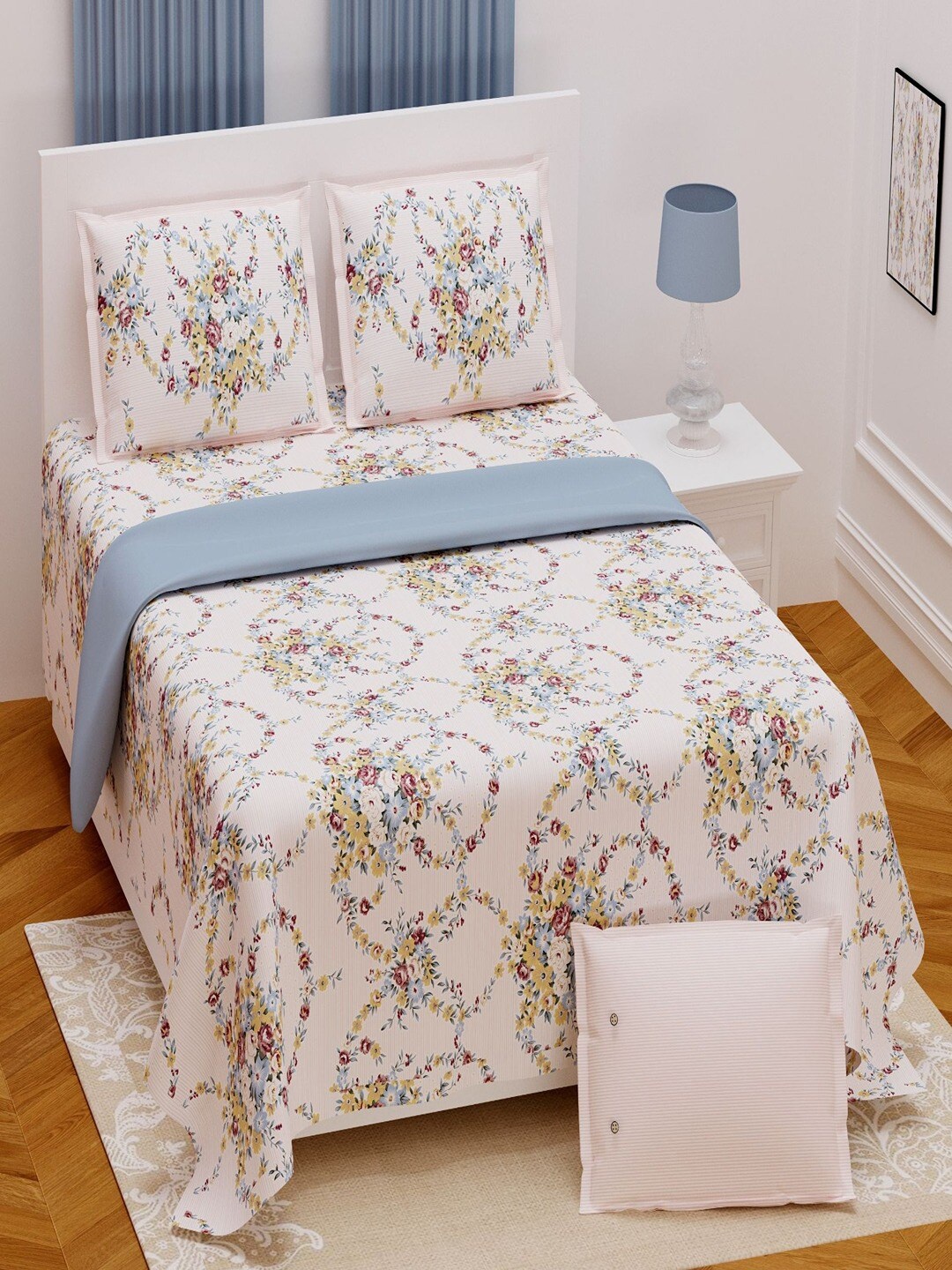 

UNIQCHOICE Yellow & Blue Floral Pure Cotton 180 TC King Bedsheet with 2 Pillow Covers