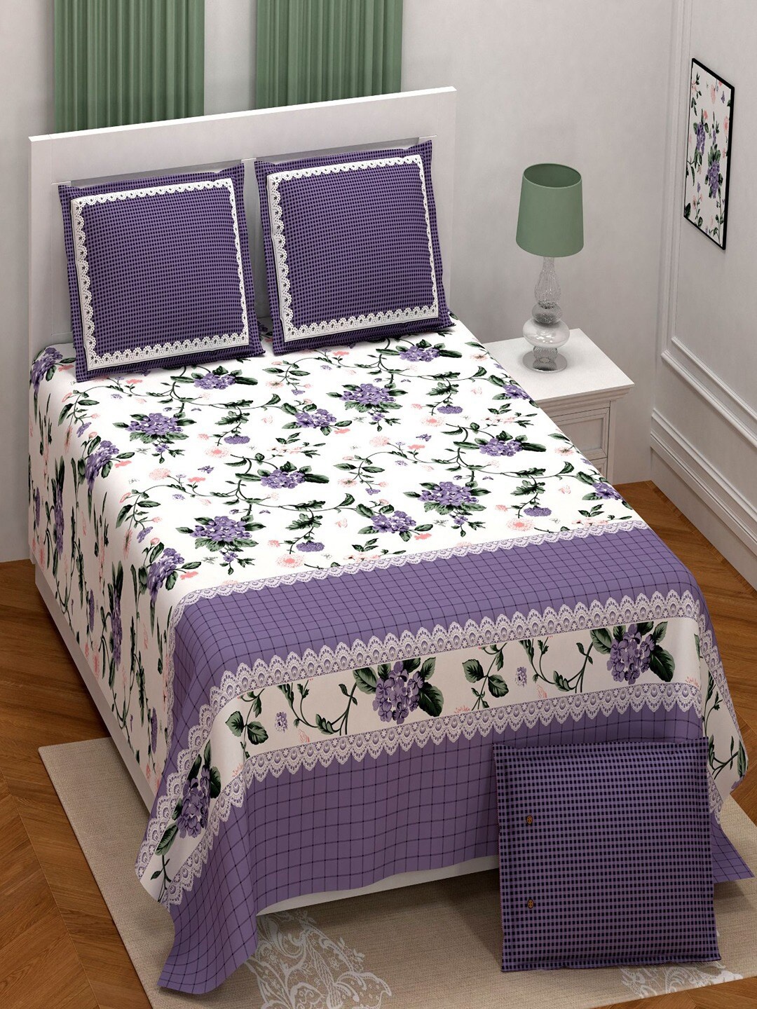 

UNIQCHOICE Purple & White Floral Pure Cotton 180 TC King Bedsheet with 2 Pillow Covers