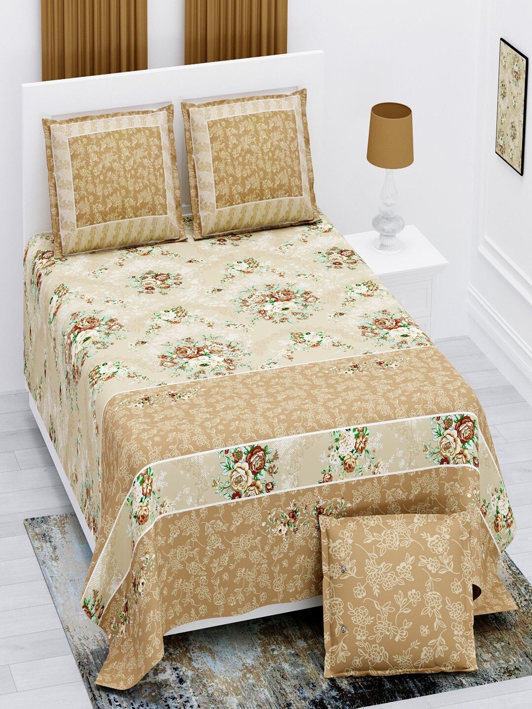 

UNIQCHOICE Brown & Green Floral Pure Cotton 180 TC King Bedsheet with 2 Pillow Covers