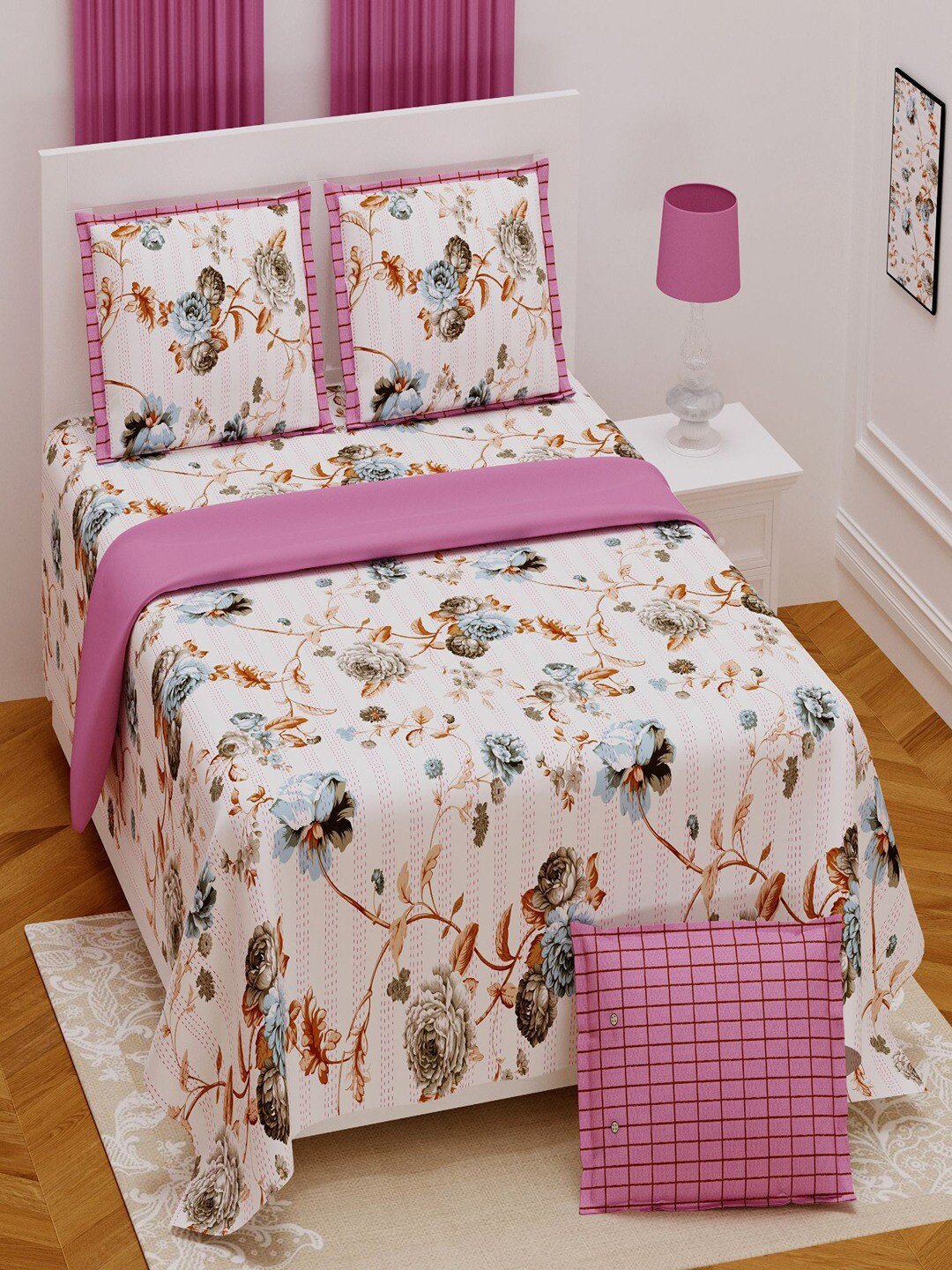 

UNIQCHOICE Pink & White Printed Cotton 180 TC King Bedsheet with 2 Pillow Covers
