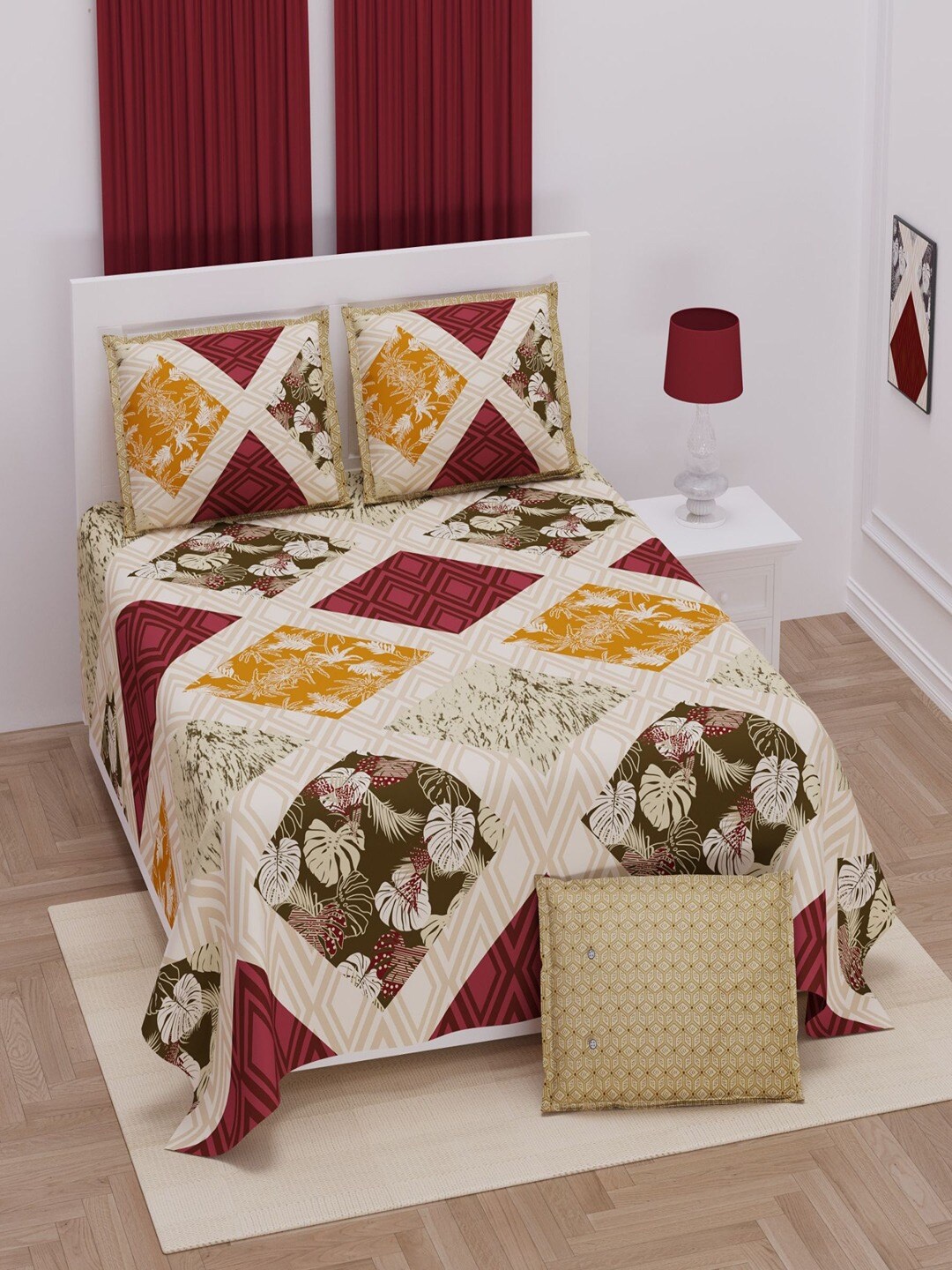 

UNIQCHOICE Brown & Red Printed Cotton 250 TC King Bedsheet with 2 Pillow Covers