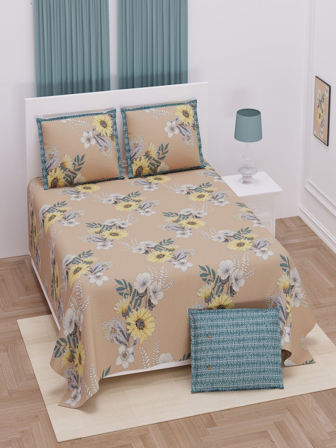 

UNIQCHOICE Brown & Blue Printed Cotton 250 TC King Bedsheet with 2 Pillow Covers