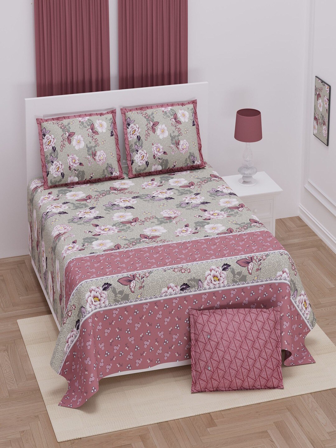 

UNIQCHOICE Peach White Floral Pure Cotton 250 TC King Bedsheet & 2 Pillow Covers