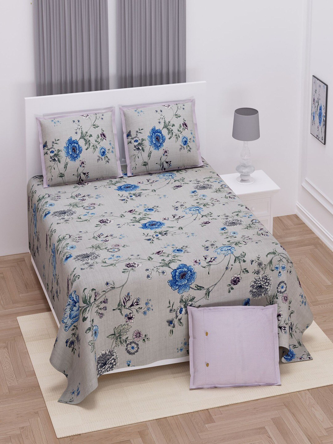 

UNIQCHOICE Blue & Grey Floral Pure Cotton 250 TC King Bedsheet With 2 Pillow Covers