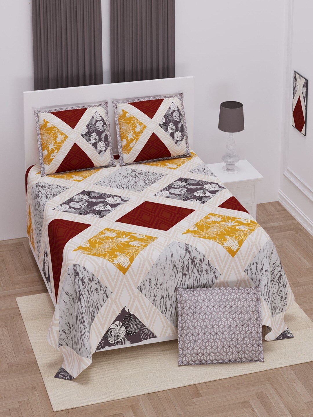 UNIQCHOICE Grey & Yellow Floral Cotton 250 TC King Bedsheet With 2 Pillow Covers