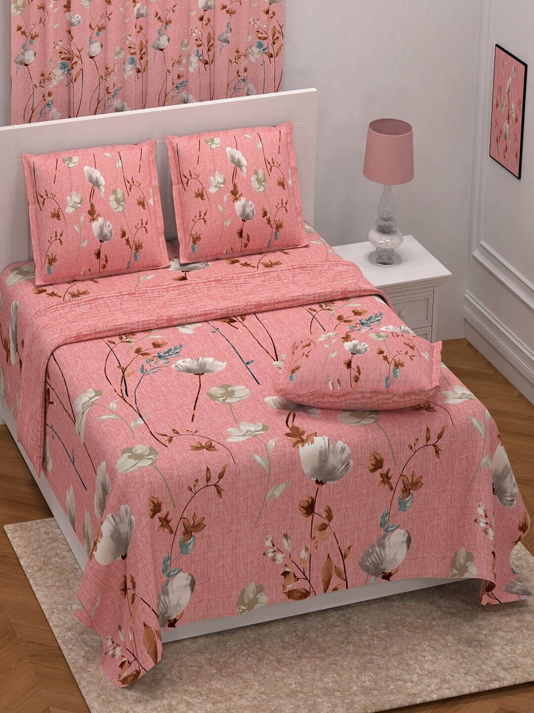 

UNIQCHOICE Peach-Coloured & White Printed Cotton 180 TC King Bedsheet with 2 Pillow Covers