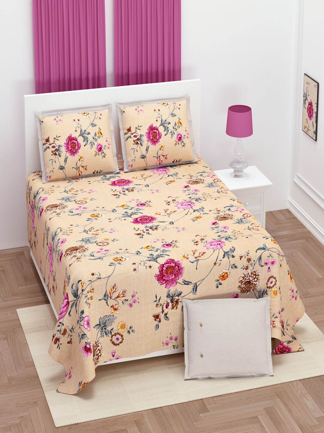 

UNIQCHOICE Brown & Grey Floral Printed Cotton 250 TC King Bedsheet with 2 Pillow Covers