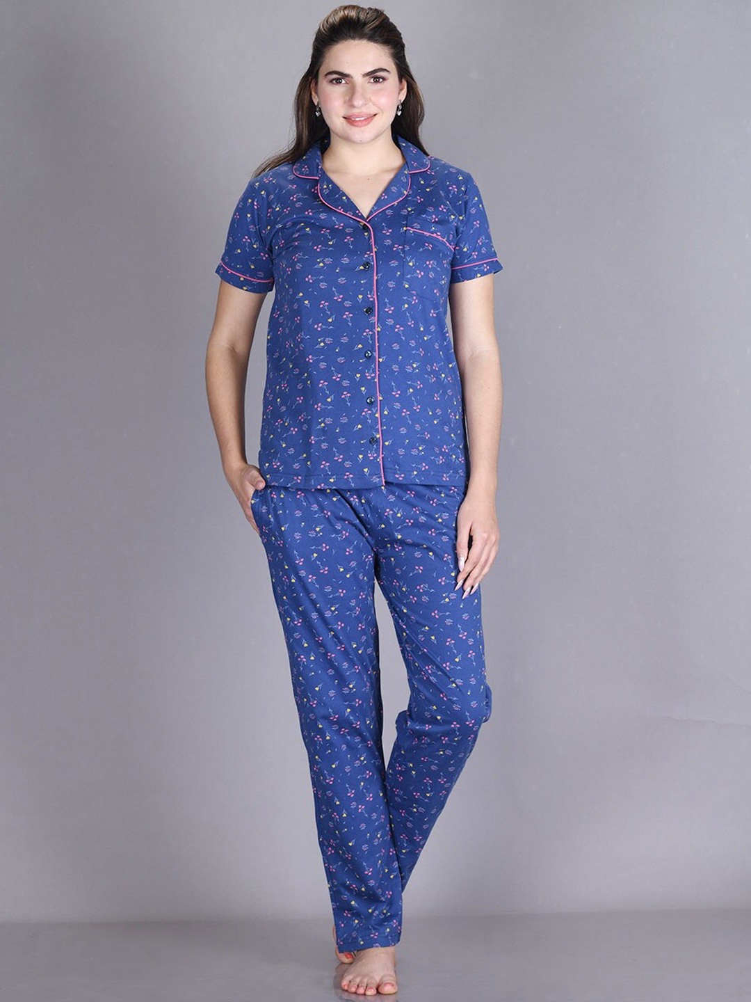 

LYRA Floral Printed Pure Cotton Night Suit, Blue