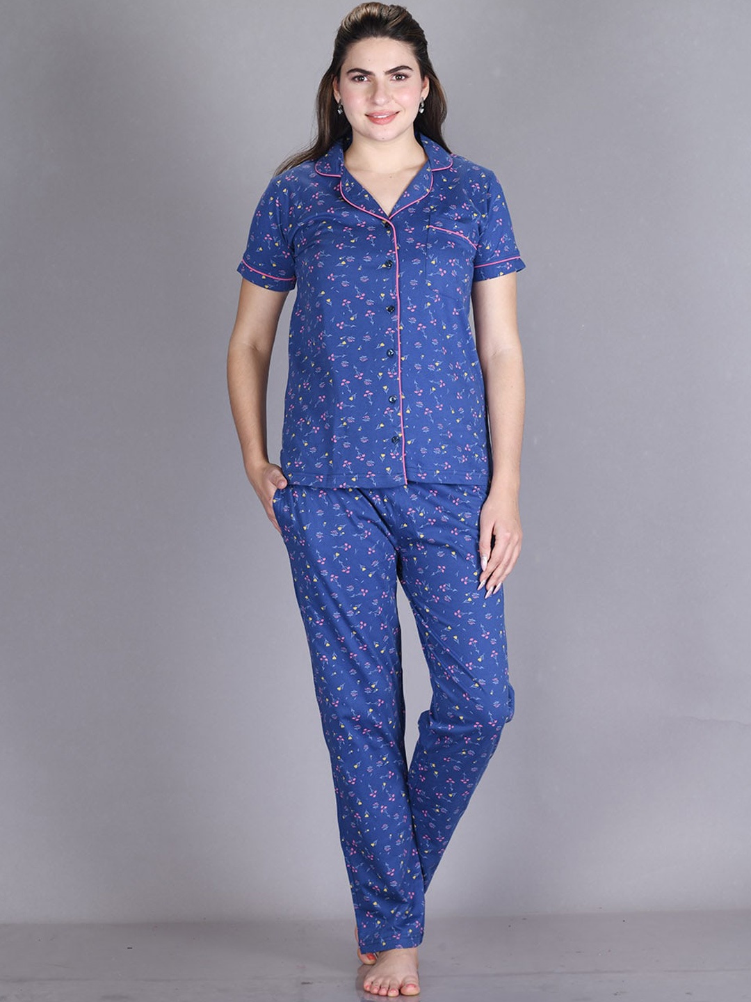 

LYRA Floral Printed Pure Cotton Night Suit, Blue