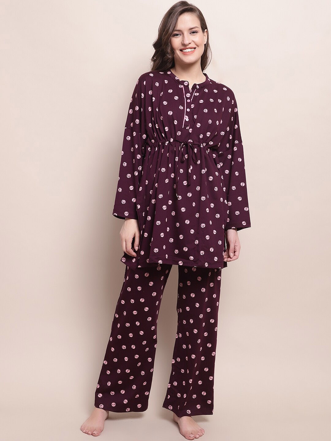 

Kanvin Geometric Printed Pure Cotton Night Suit, Maroon