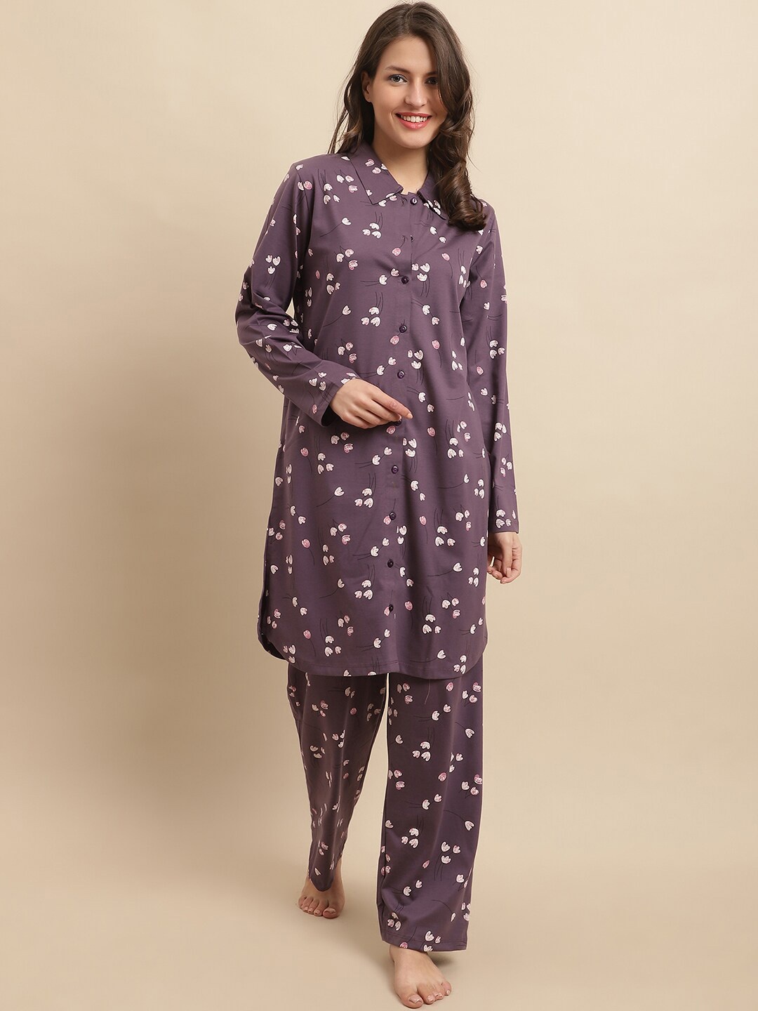 

Kanvin Purple & White Floral Printed Pure Cotton Night Suit