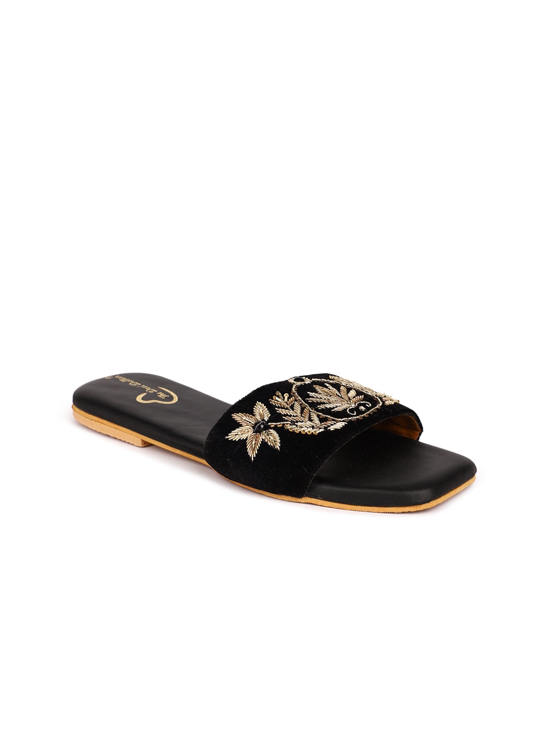 

The Desi Dulhan Embroidered Velvet Open Toe Flats, Black