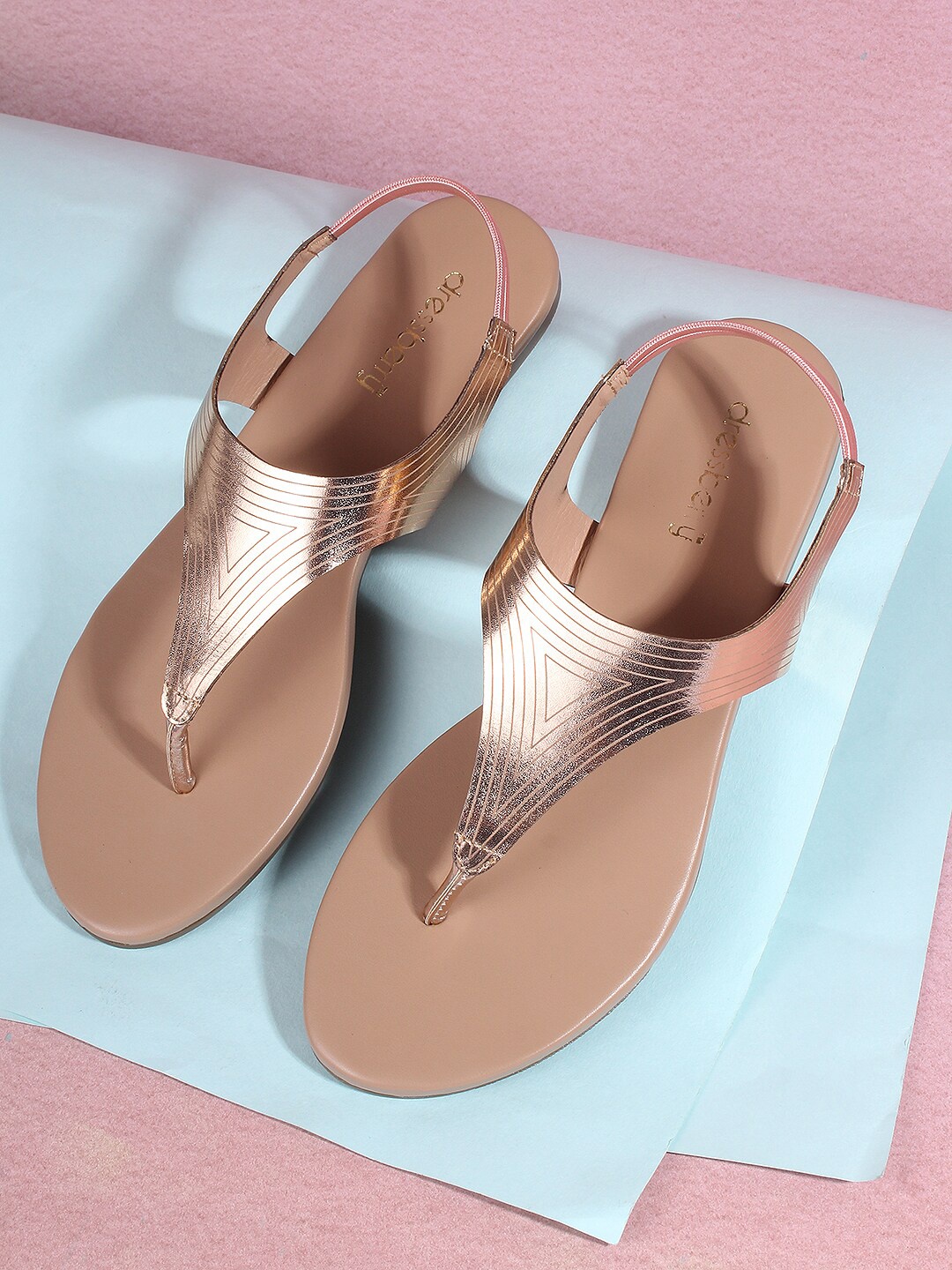 

DressBerry Women Rose Gold-Toned Textured T-Strap Flats