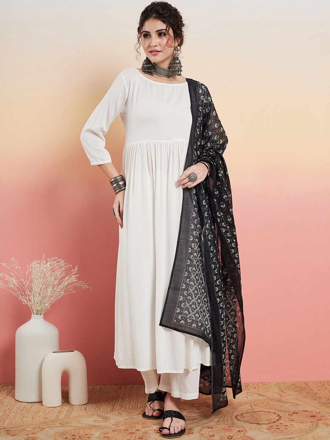 

InWeave White Pleated Anarkali Kurta & Trousers with Dupatta, Cream