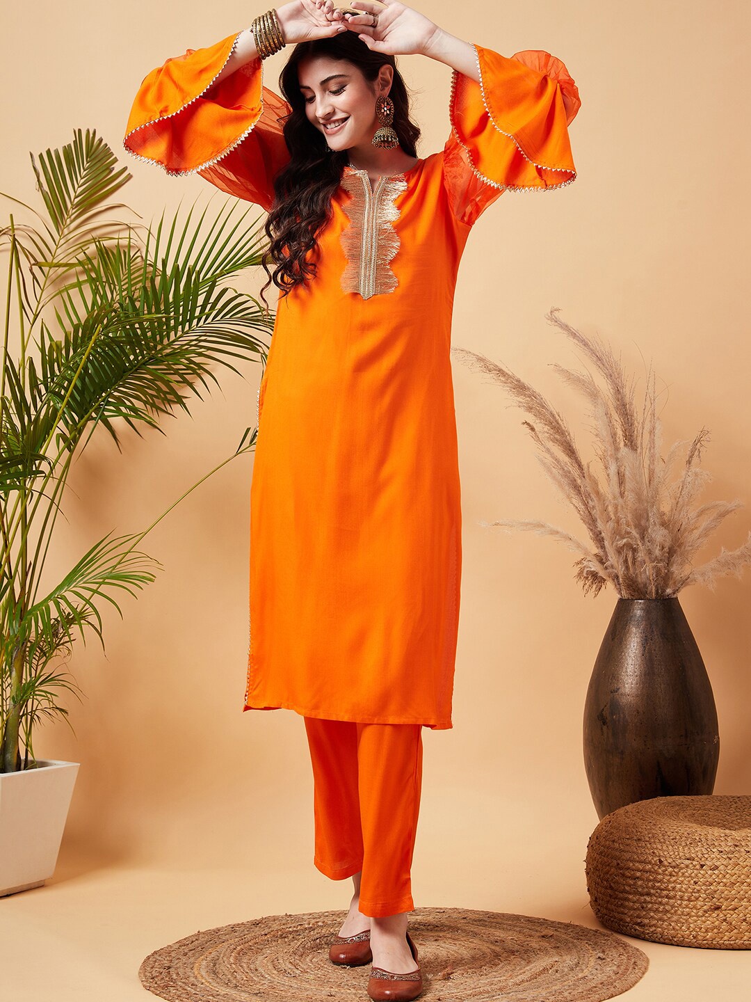 

InWeave Orange Puff Sleeves Gotta Patti Detailed Straight Kurta with Trousers