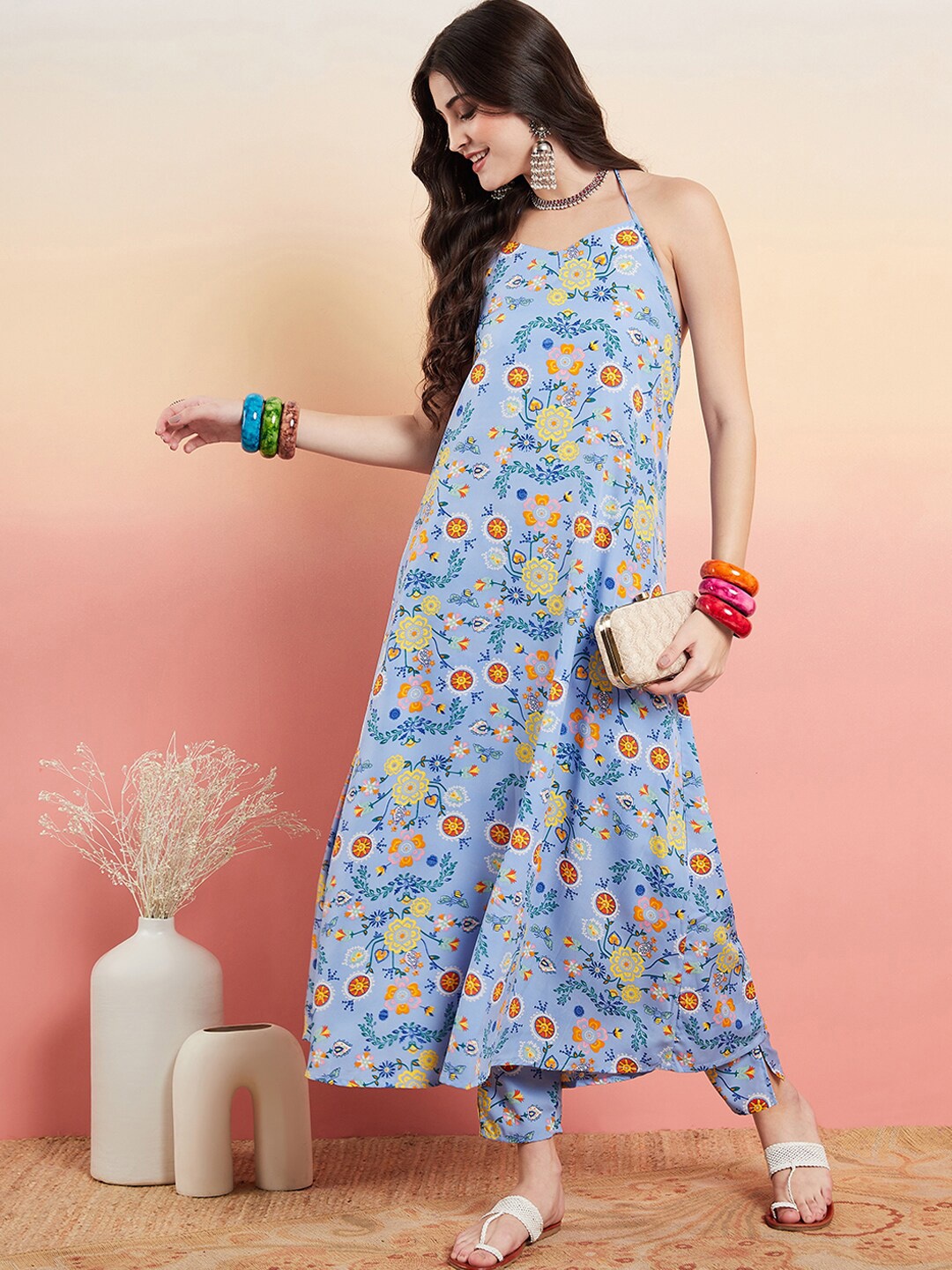 

InWeave Blue Floral Printed Halter Neck A-Line Kurta with Trousers