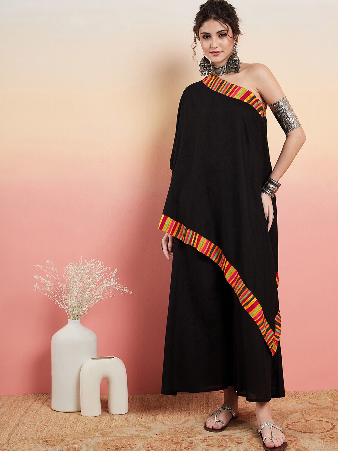 

InWeave Black One Shoulder Neck Flared Sleeves Asymmetric A-Line Kurta with Palazzos