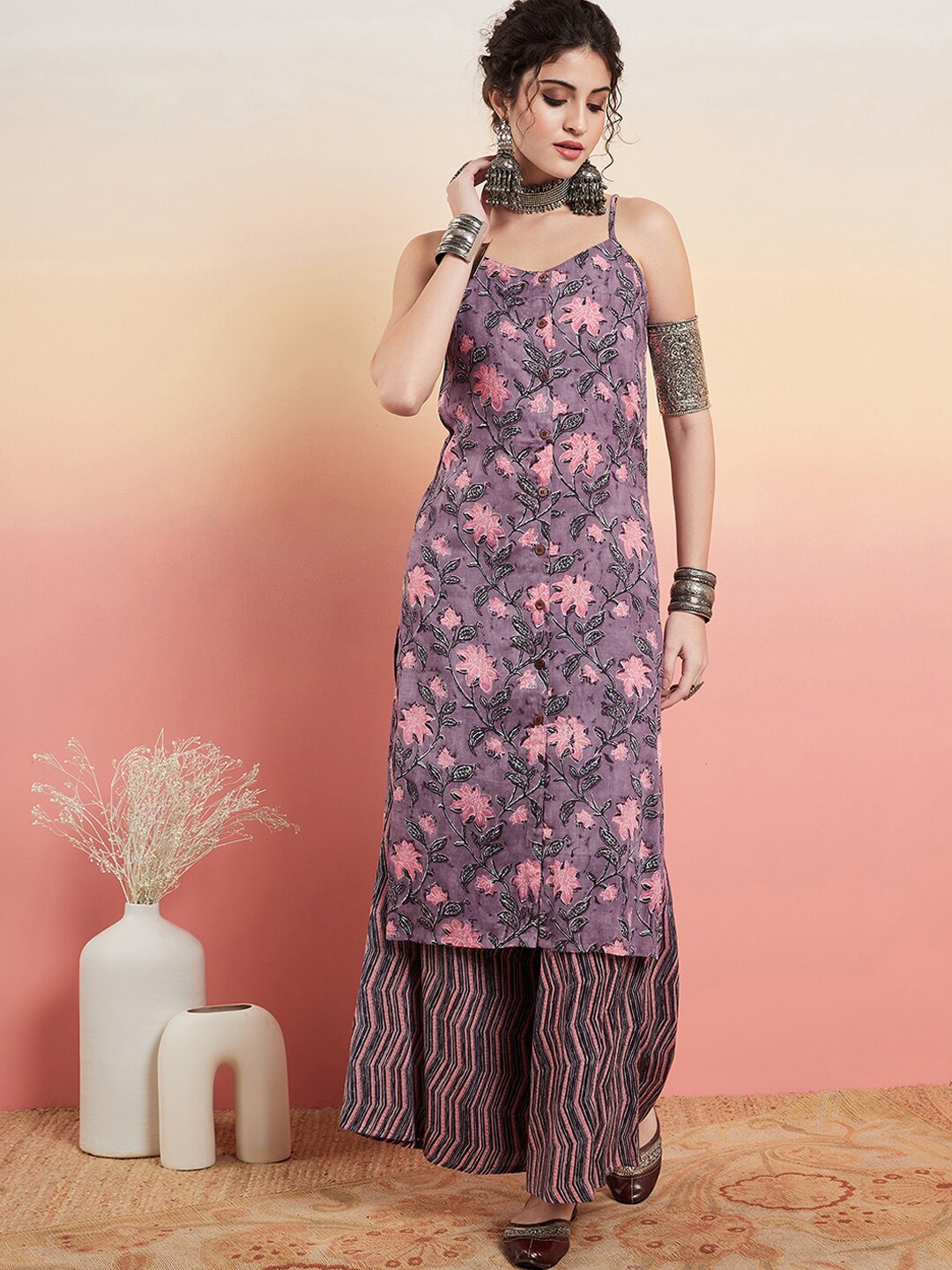 

InWeave Mauve-Coloured Floral Printed Straight Kurta with Palazzos