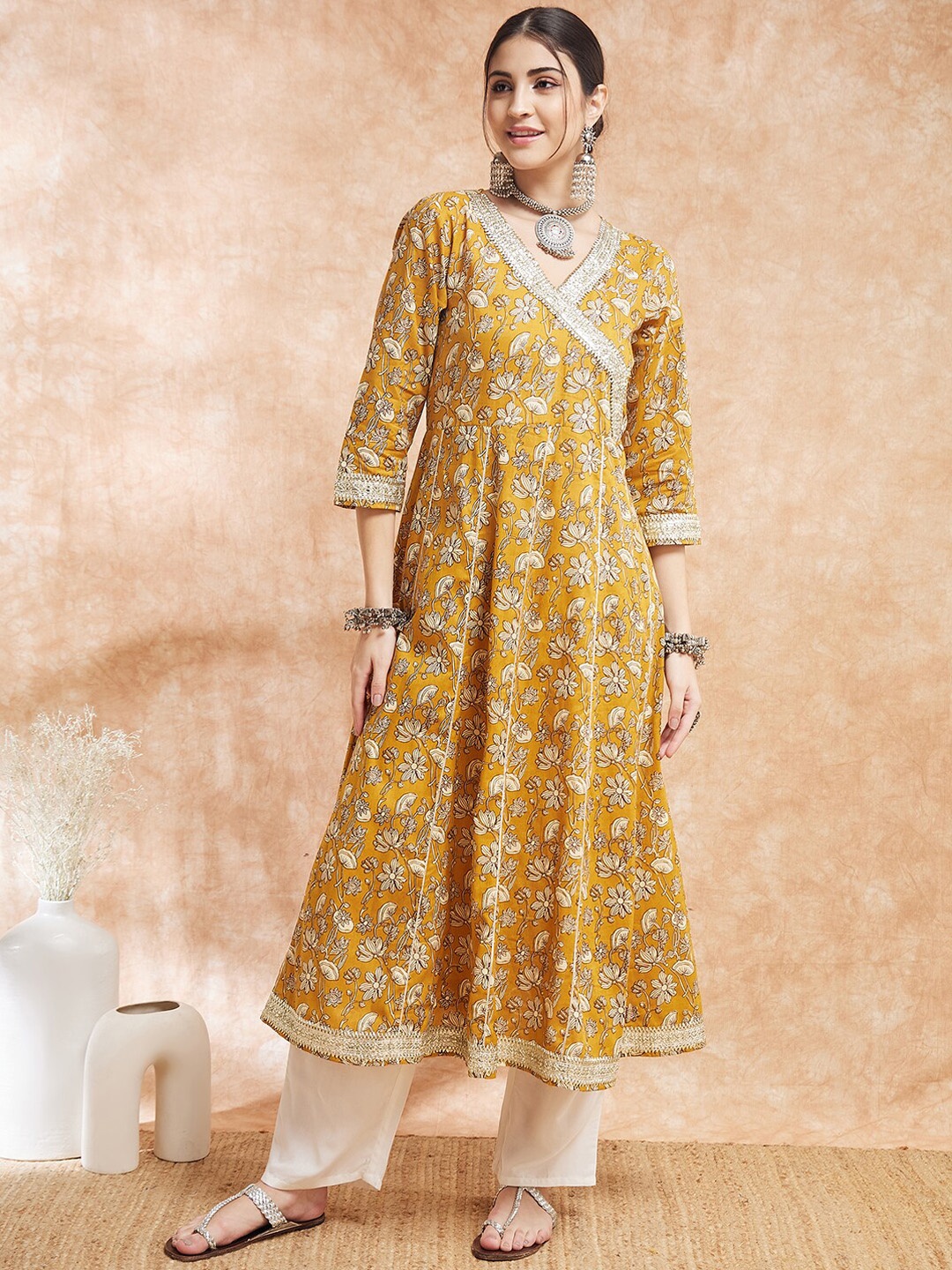 

InWeave Floral Printed V-Neck Cotton Anarkali Kurta, Mustard