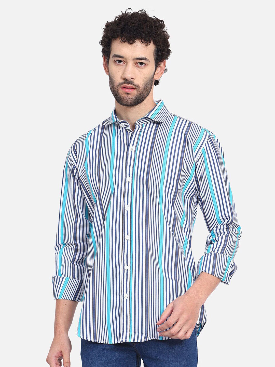 

DEZANO Premium Vertical Striped Cotton Casual Shirt, Blue