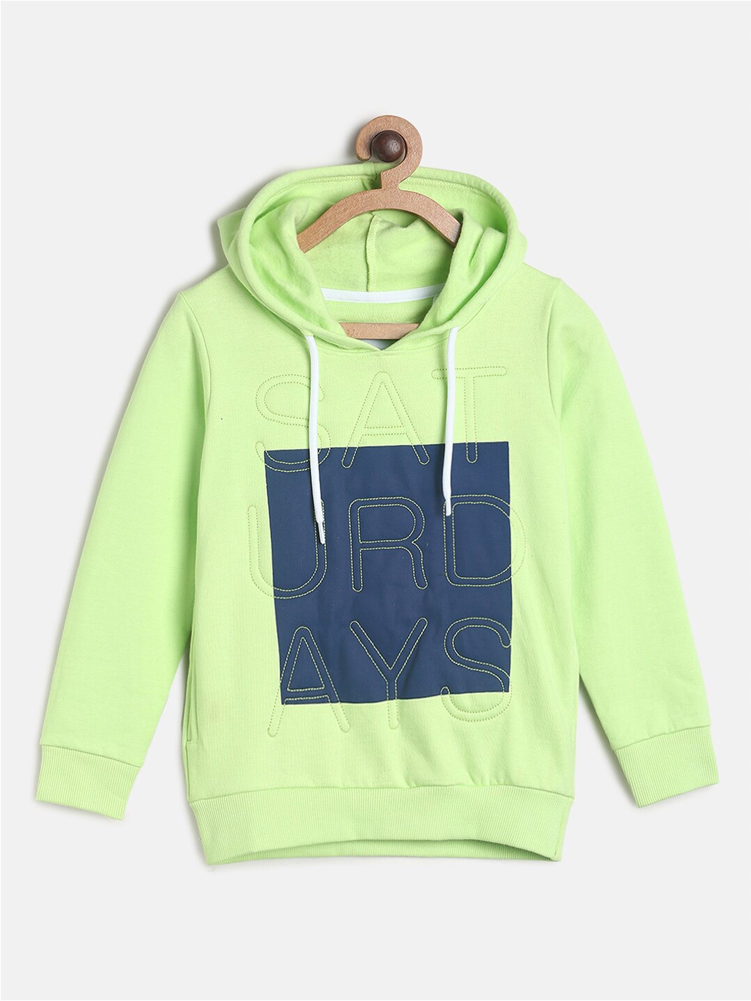 

TALES & STORIES Boys Typography Printed Long Sleeves Hooded Pullover, Green