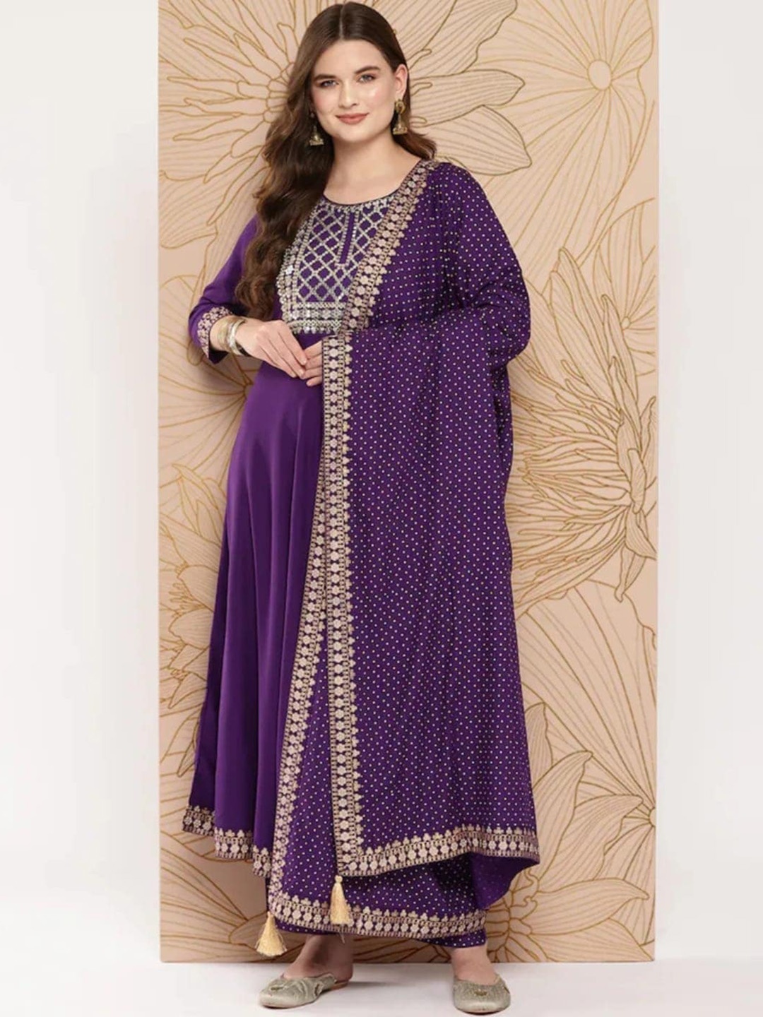 

FAVRIZ Ethnic Motifs Embroidered Regular Sequinned Kurta With Trousers & Dupatta, Violet