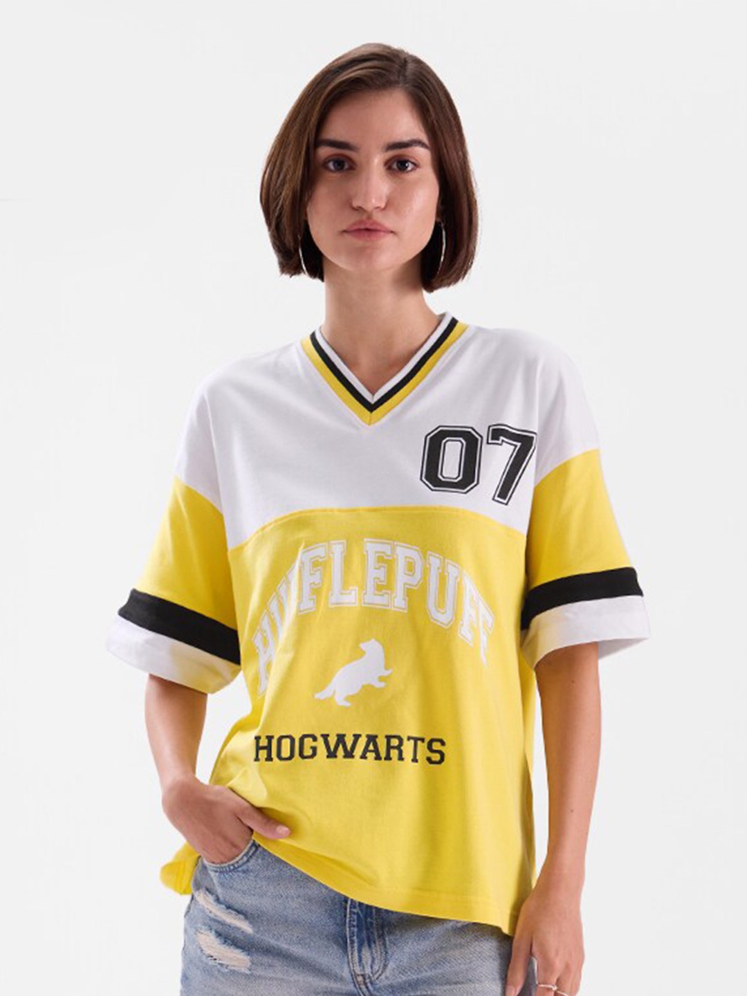 The Souled Store Yellow Oversized Typography Printed V-Neck Cotton T-shirt