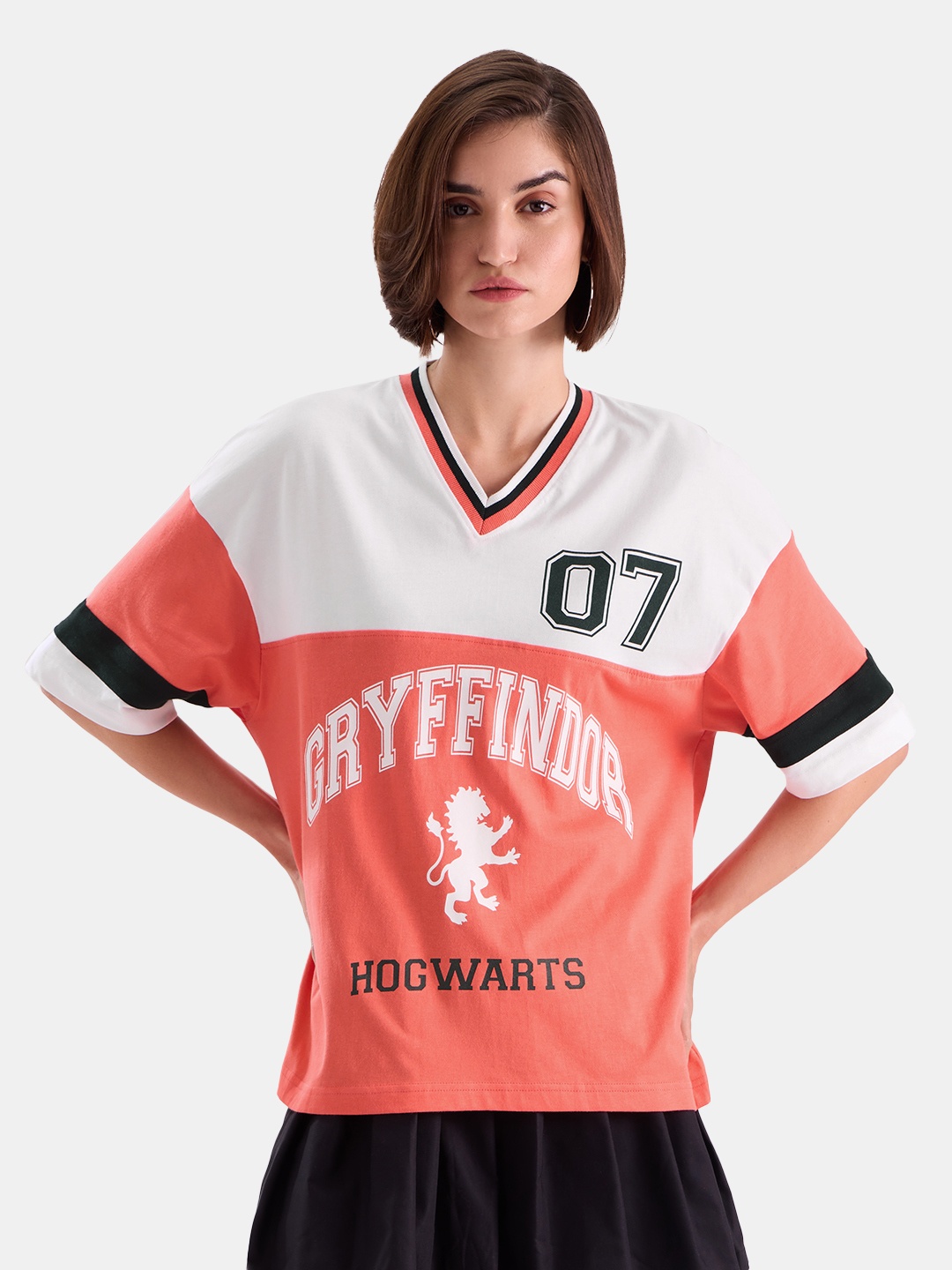 

The Souled Store Peach Oversized Typography Printed V-Neck Cotton T-shirt