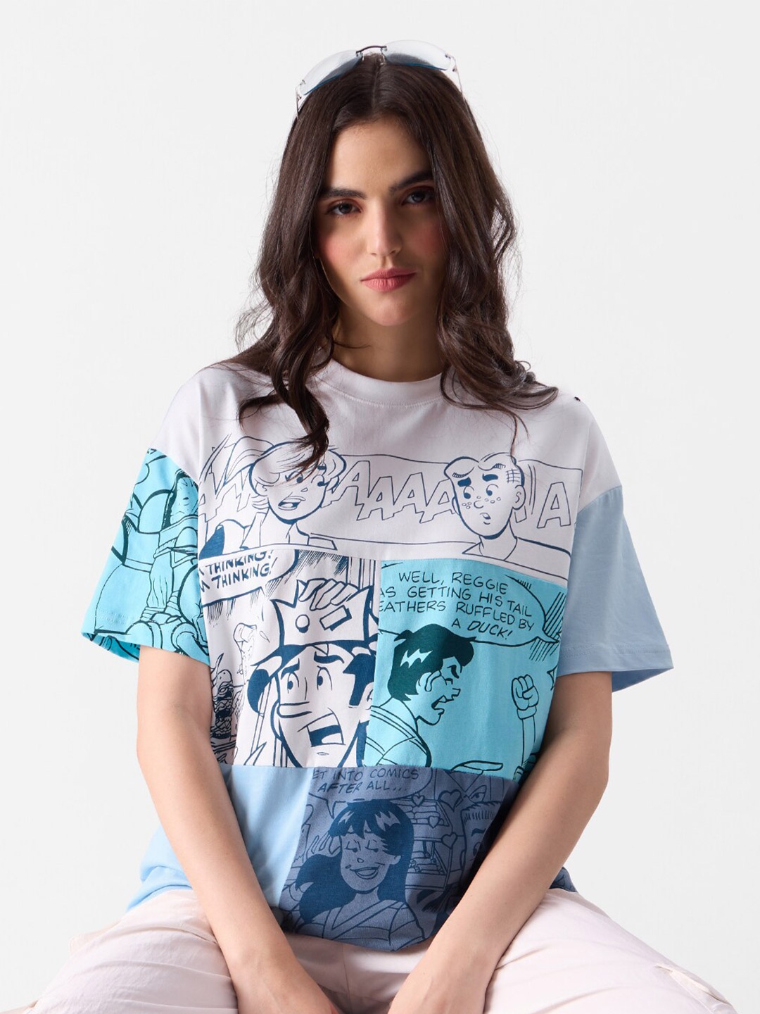 

The Souled Store White & Blue Archie Printed Round Neck Cotton Oversized T-shirt