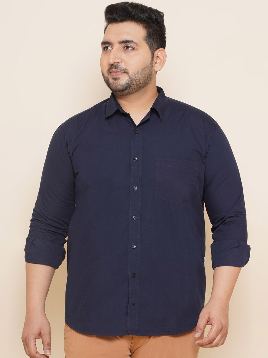 

John Pride Plus Size Regular Fit Spread Collar Pure Cotton Casual Shirt, Navy blue