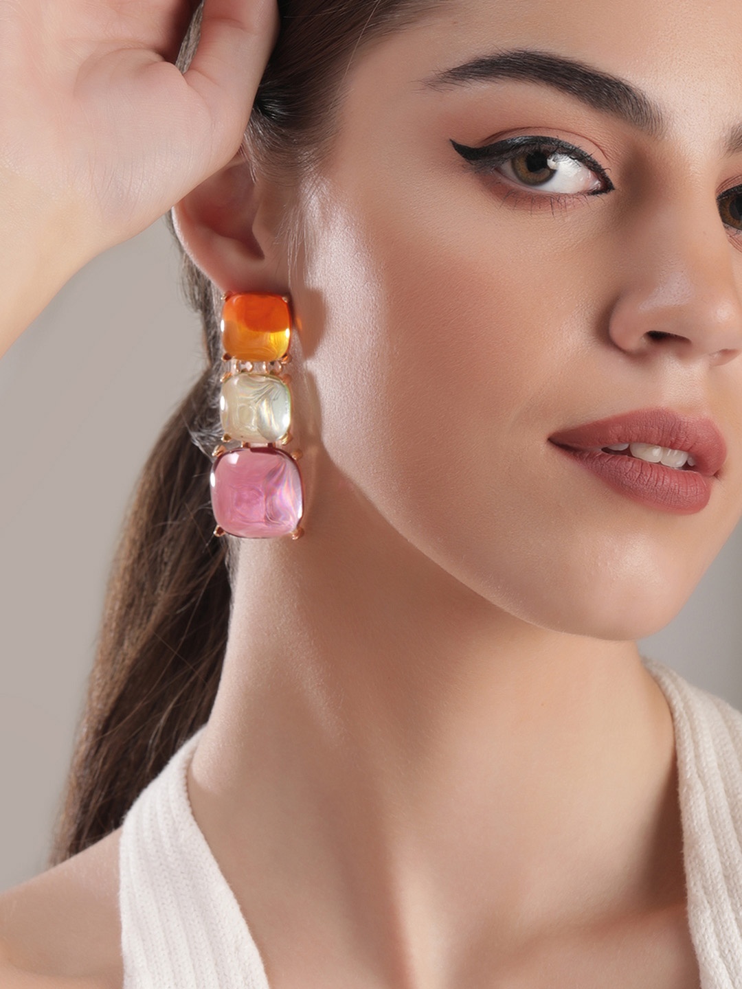 

Rubans Voguish Gold-Plated Geometric Zircon Studded Drop Earrings