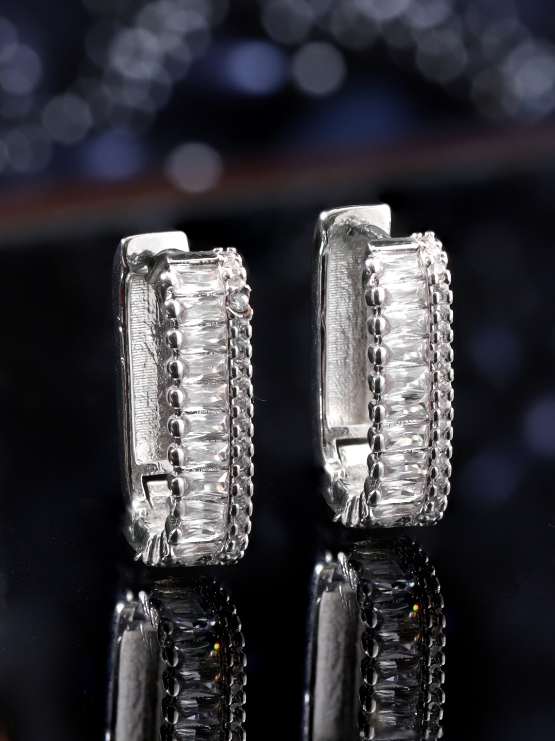 

Rubans Voguish Silver-Plated Geometric Stainless Steel Zircon Studded Hoop Earrings