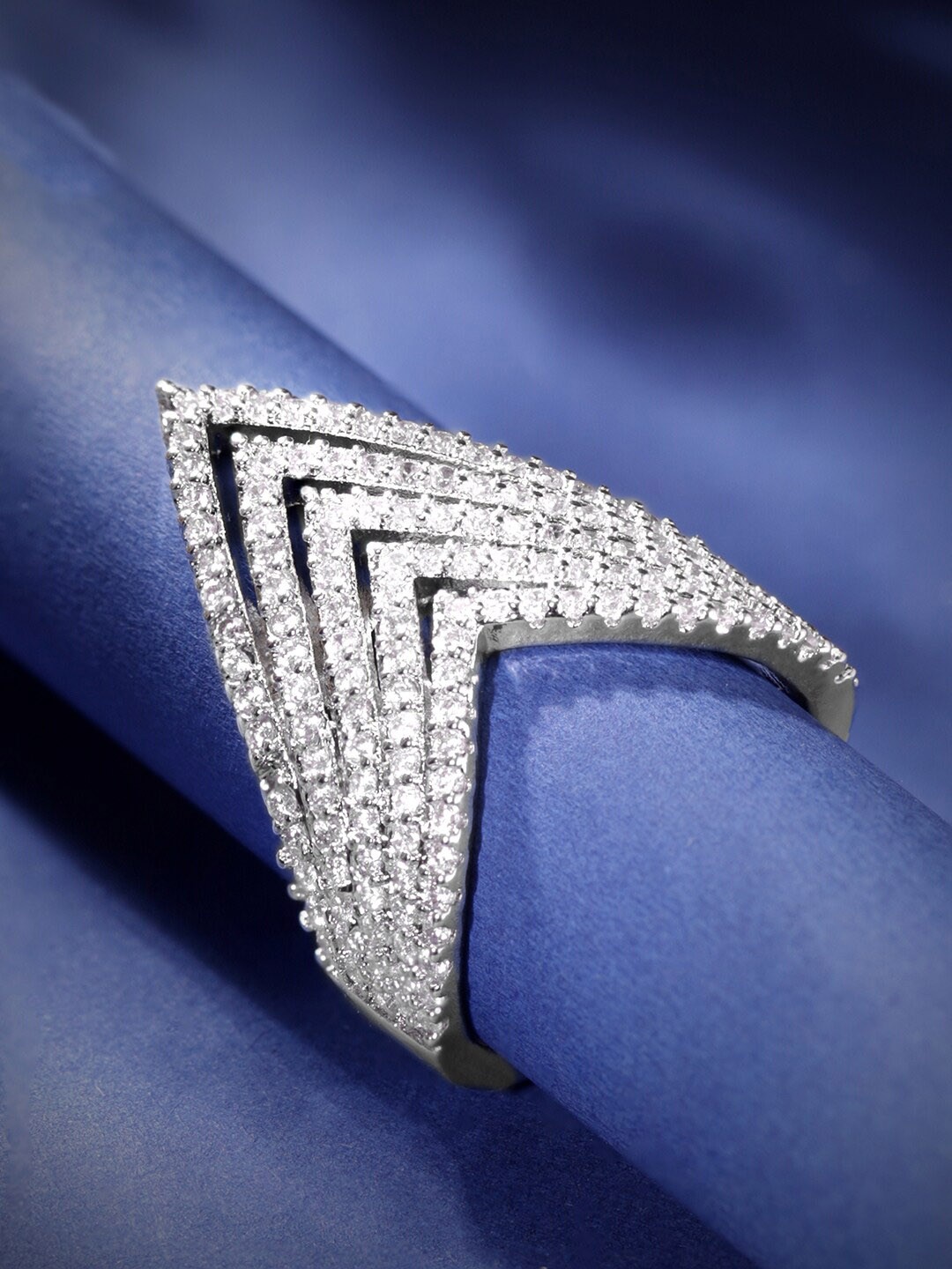 

Rubans Voguish Rhodium Plated Zirconia Studded Layered Contemprory Silver Ring
