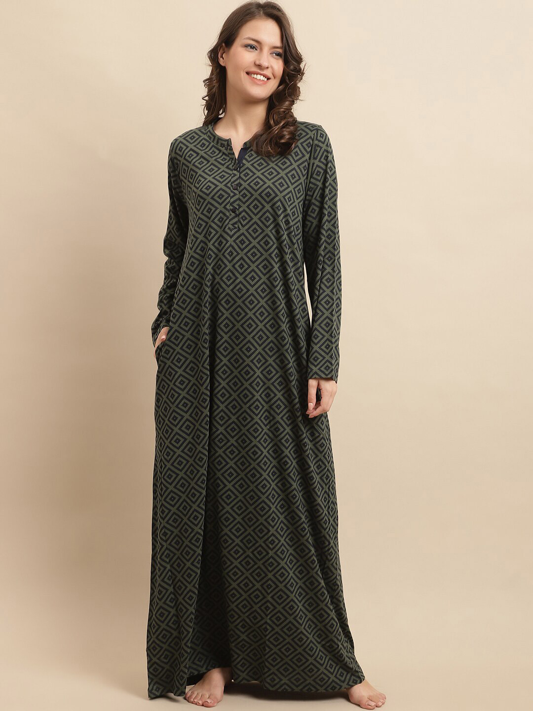 

Kanvin Olive Green Geometric Printed Maxi Nightdress