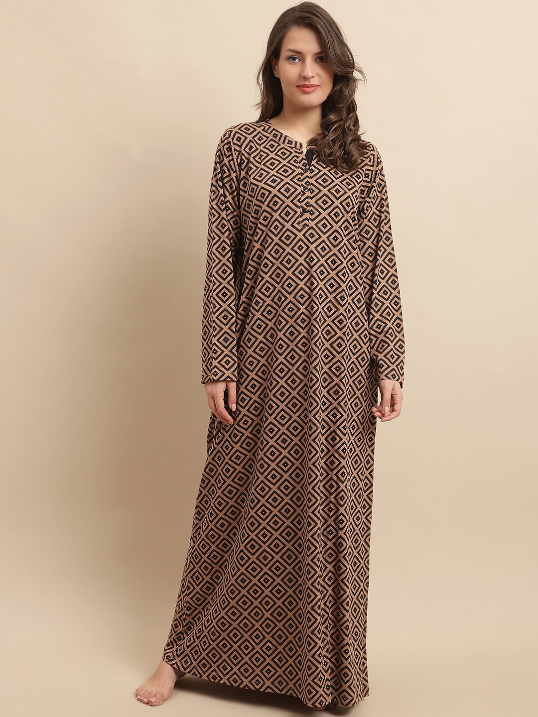 

Kanvin Beige Georgettte Printed Maxi Nightdress
