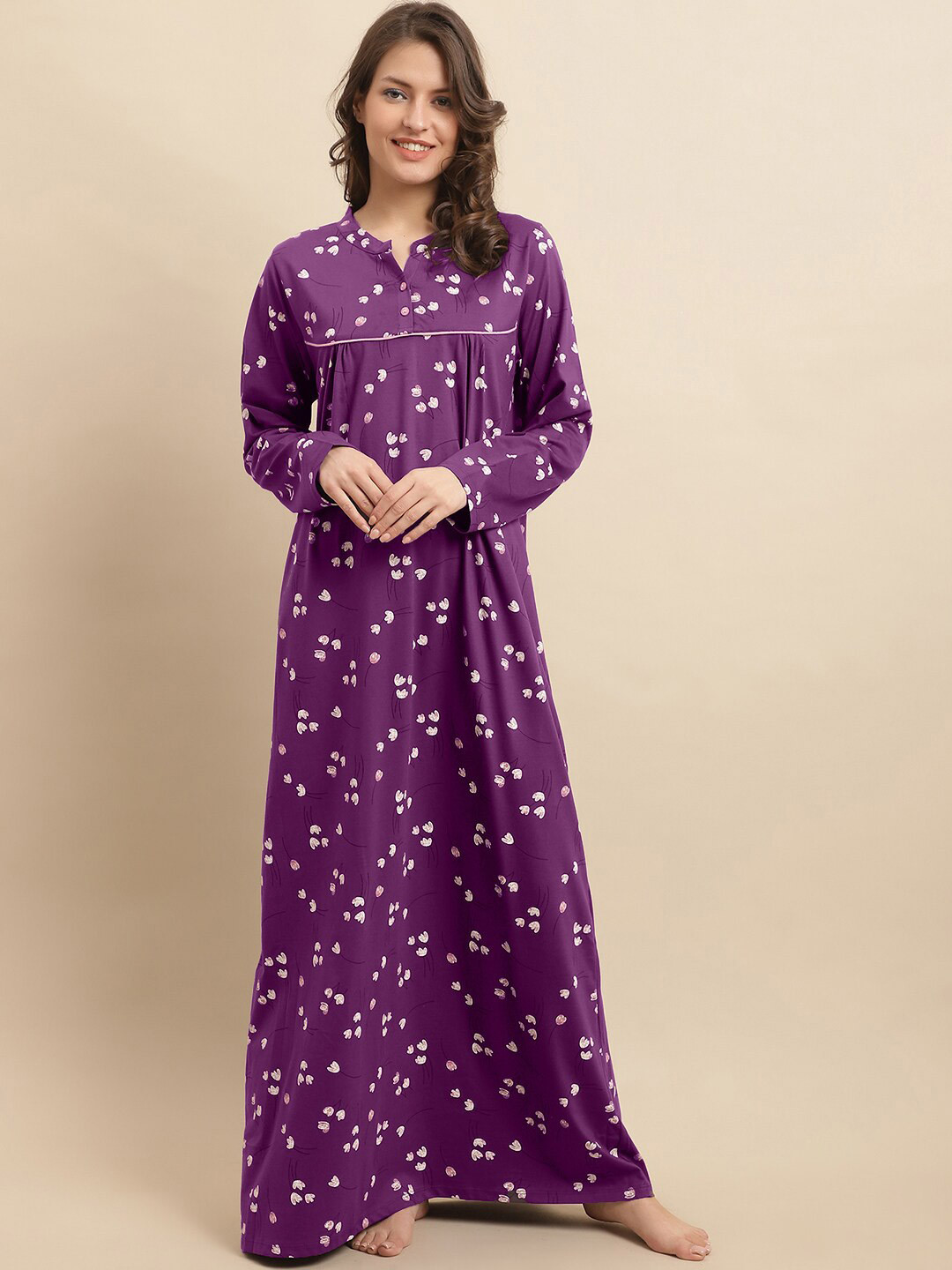 

Kanvin Purple Floral Printed Pure Cotton Maxi Nightdress