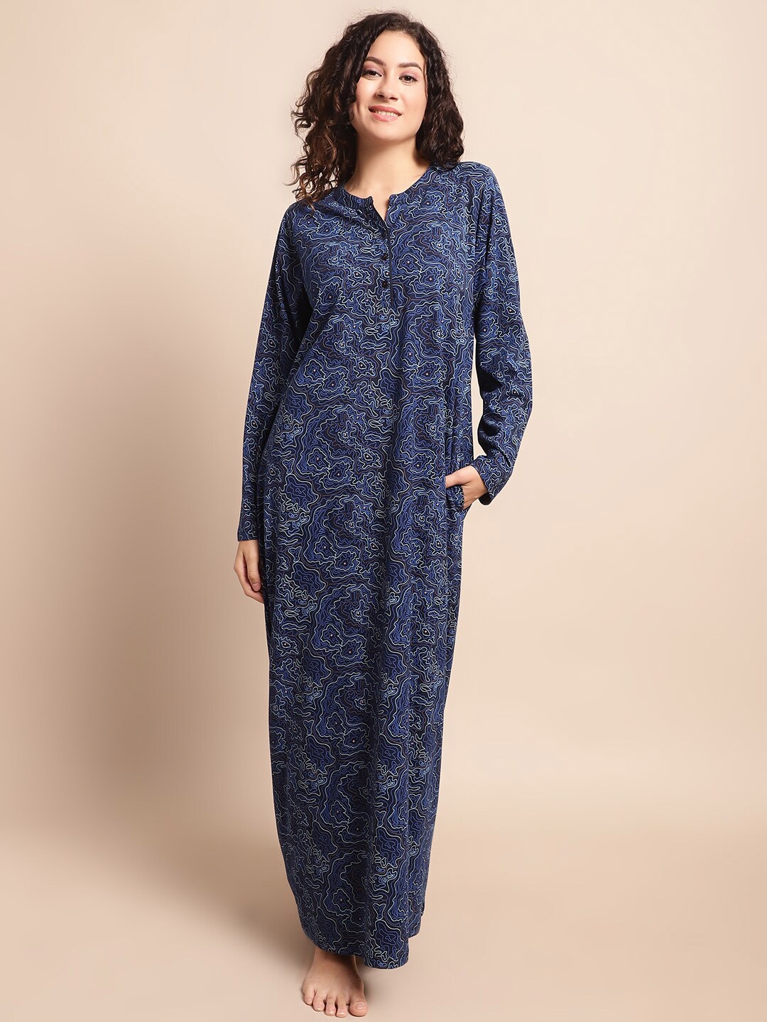 

Kanvin Navy Blue Abstract Printed Pure Cotton Maxi Nightdress