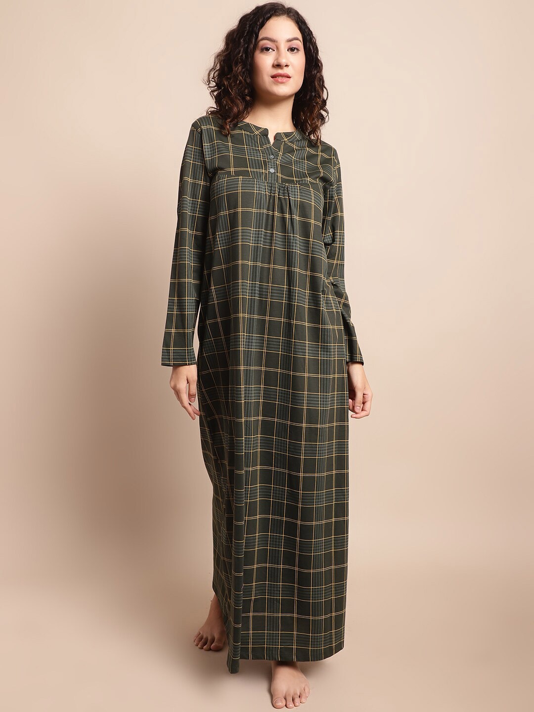 

Kanvin Olive Green Checked Pure Cotton Maxi Nightdress